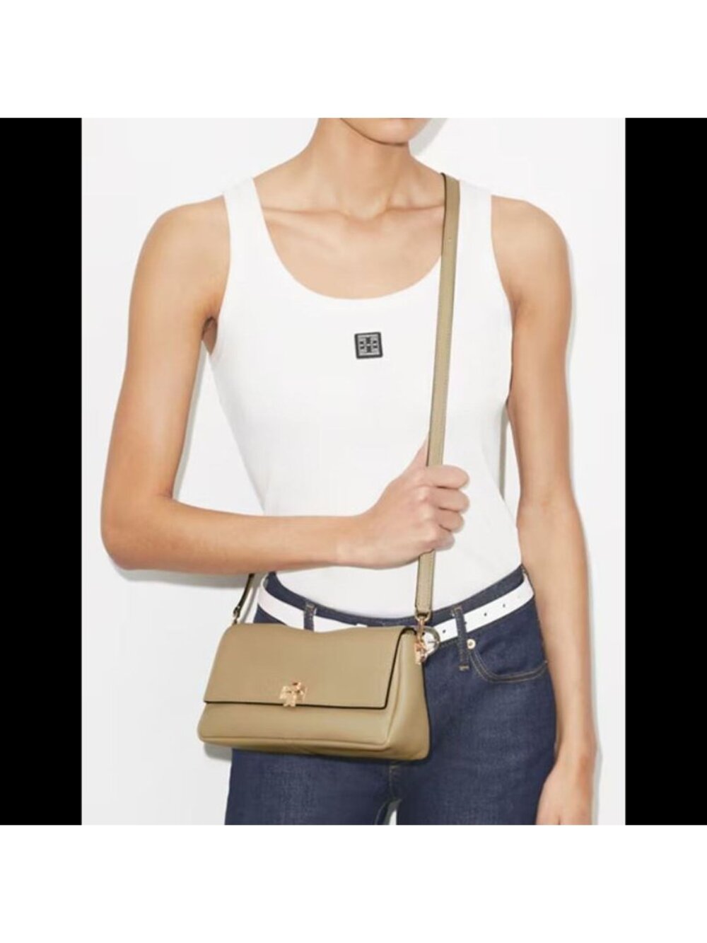 Tory Burch Small Charlie Leather Shoulder Bag Soft Cement OS